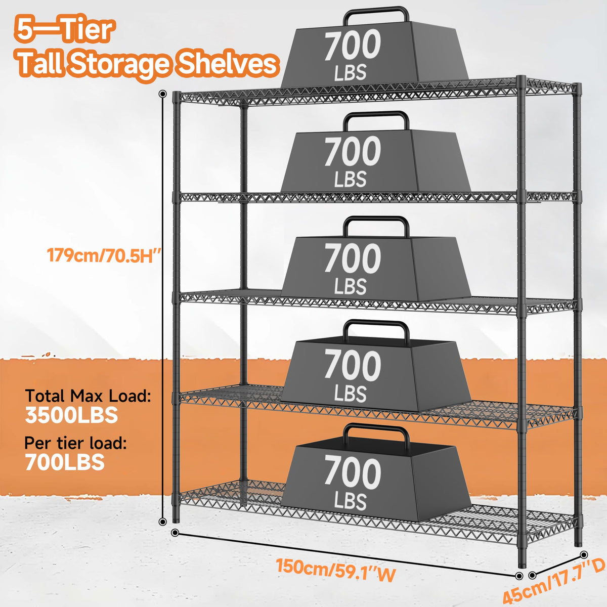 3500LBS 59" W 5 Tiers Storage Shelves