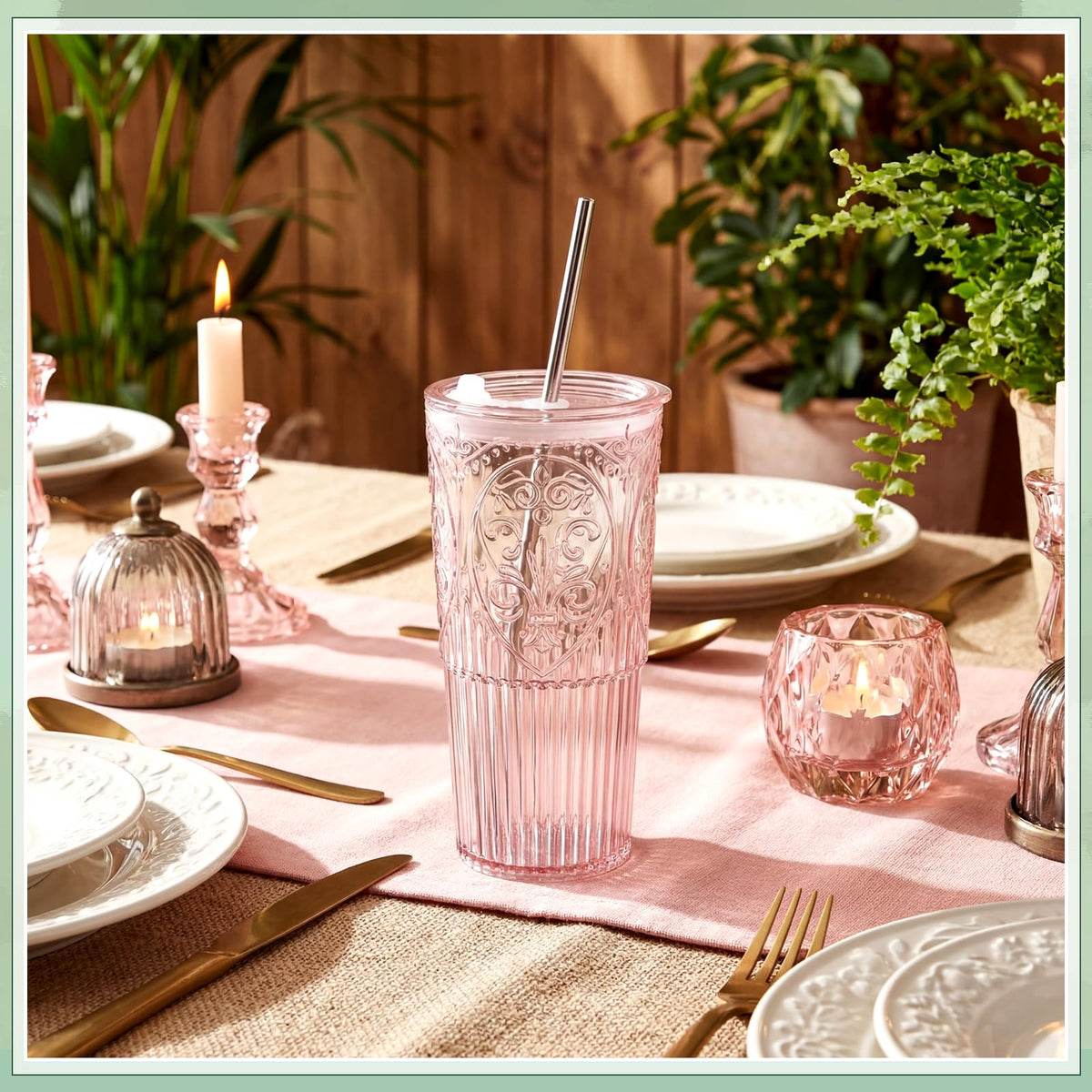 2 Set 20oz Vintage Plastic Tumbler with Lids and Straws Ribbed Floral Drinking Glasses Reusable Iced Coffee Cups for Water Juice Smoothie Cocktail Travel Party Events Gift (2 Count)