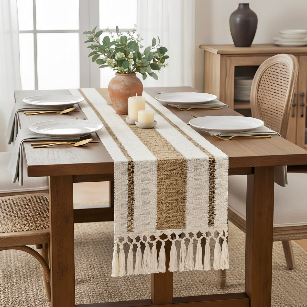 Boho Table Runner with Tassels 12x72 Inch for Fall Home Decor