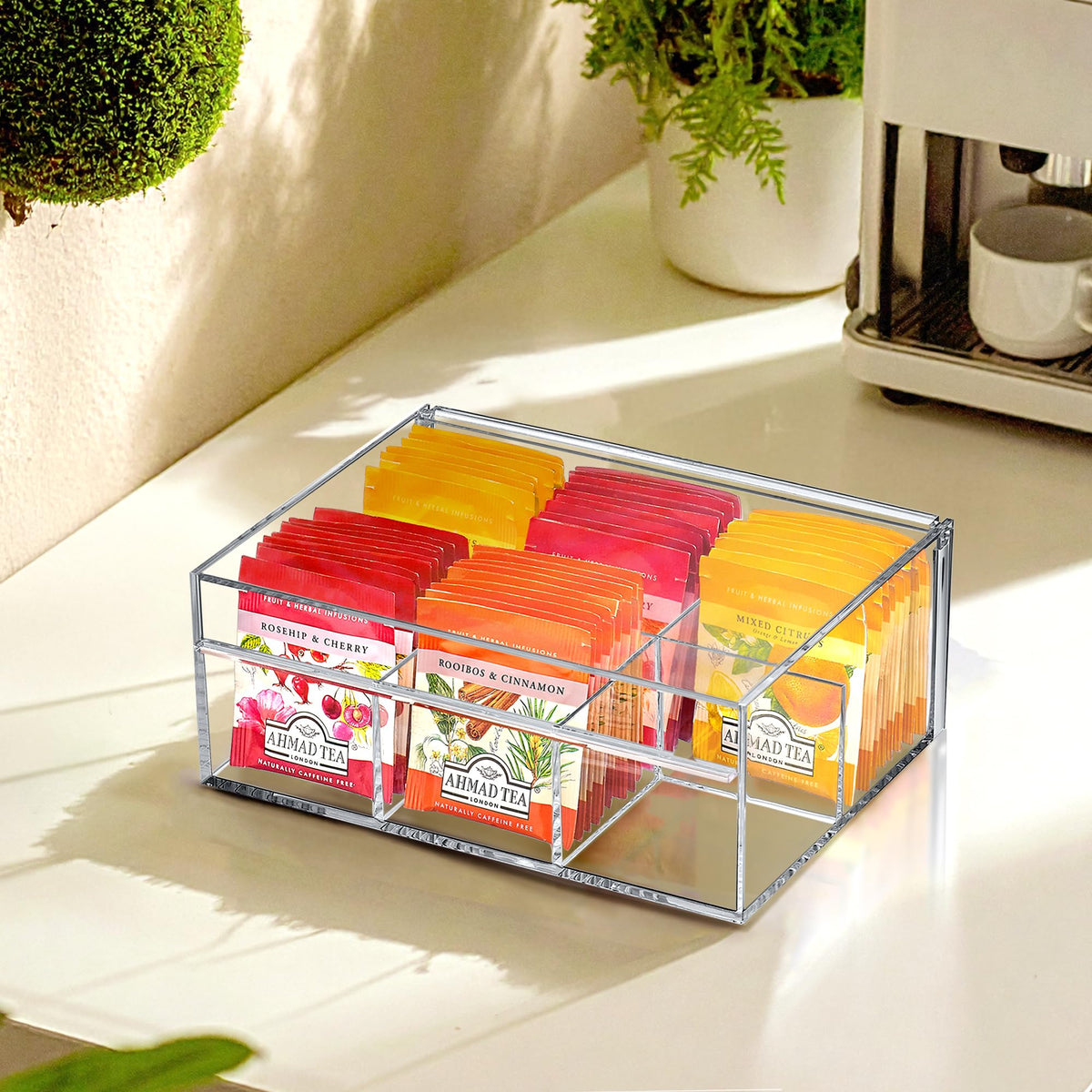Tea-Rrific - 2-Pack Acrylic 6-Compartment Tea Bag Organizer, Clear Plastic Tea Box, 6-Slot Tea Chest, Perfect Tea Storage Solution for Kitchen Cabinet, Countertop, Pantry, and More (2 Count)