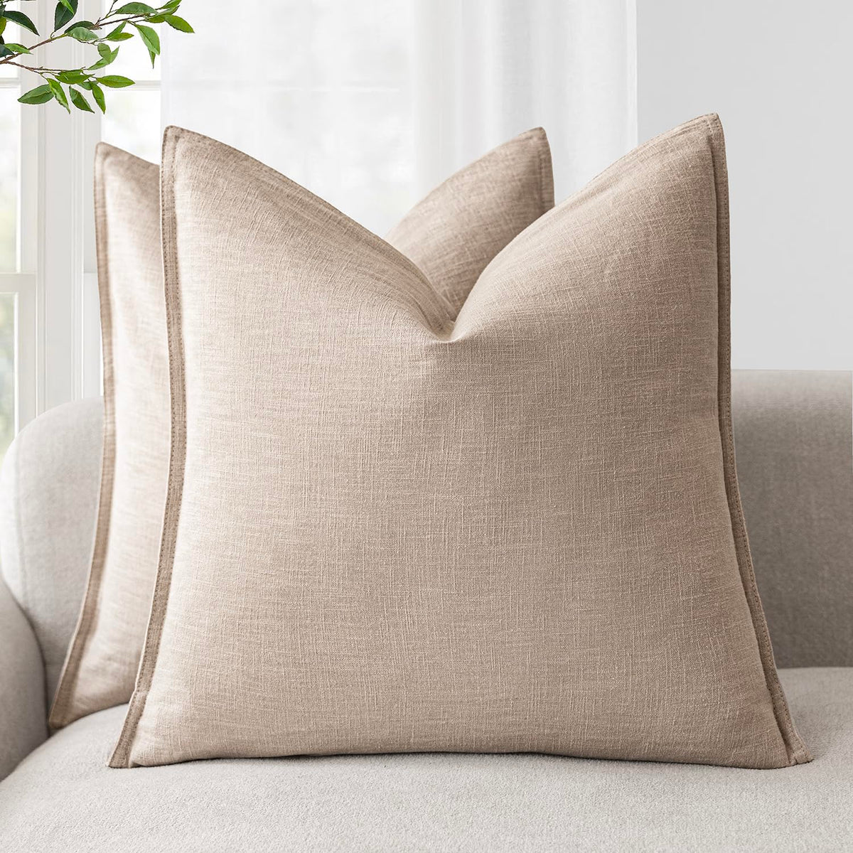 Pack of 2 Decorative Linen Solid Throw Pillow Covers Soft Accent Cushion Case Farmhouse Neutral Pillowcase for Chair Couch Sofa Bedroom Living Room Home Decor 20 x 20 Inch Tan Beige (2 Count)