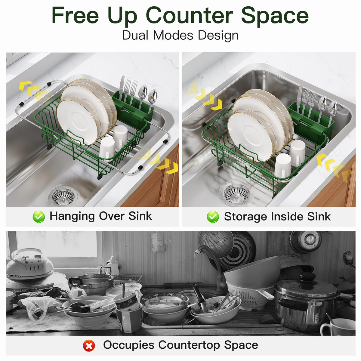Green Dish Drying Rack in Sink with Utensil Holder