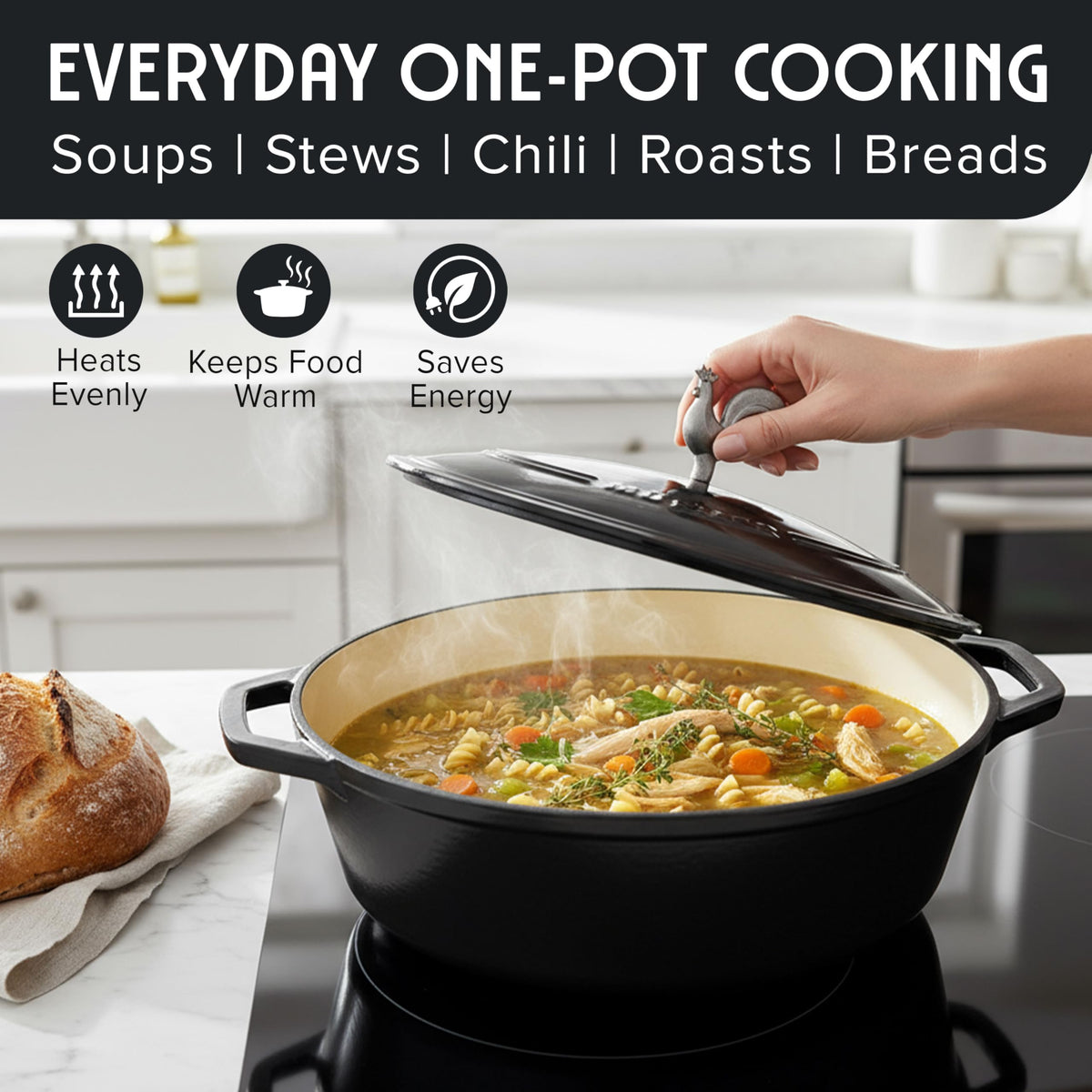 5.5 Quart Enameled Cast Iron Oval Dutch Oven with Rooster Knob & Cotton Potholders