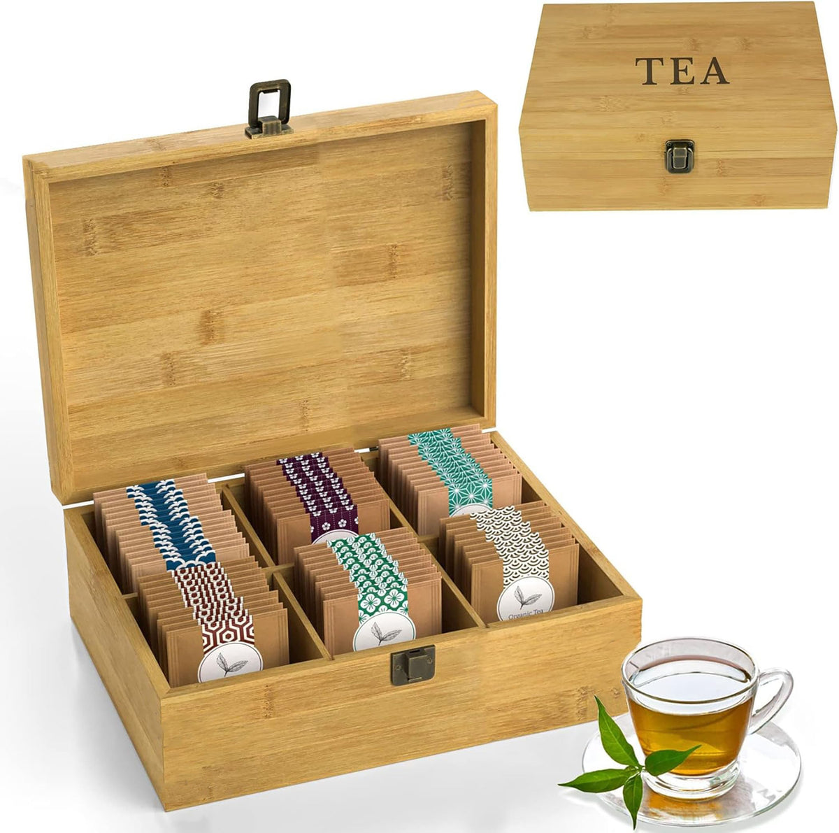 Tea Organizer Box Food Safe Chemical Free Bamboo Wood Storage Chest Big