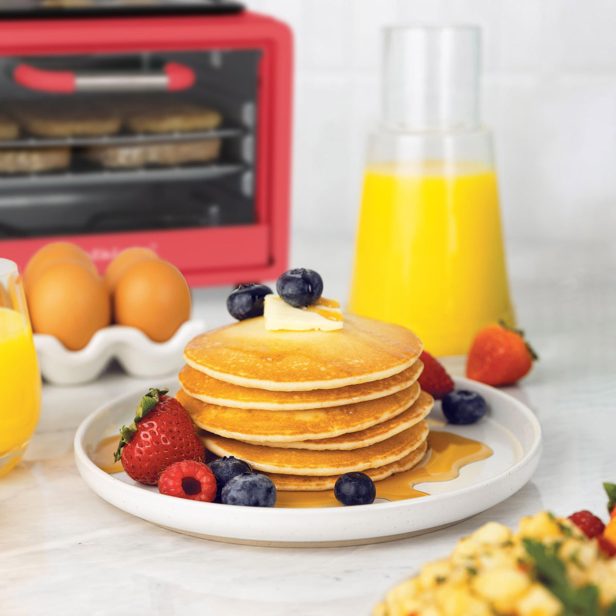 3-in-1 Retro Breakfast Station - Includes 5 (4 Oz) Cup Coffee Maker, Non-Stick Ceramic Griddle, and 4-Slice Toaster Oven - Built-In Timer, Reusable Coffee Filter, Space-Saving Design - Red