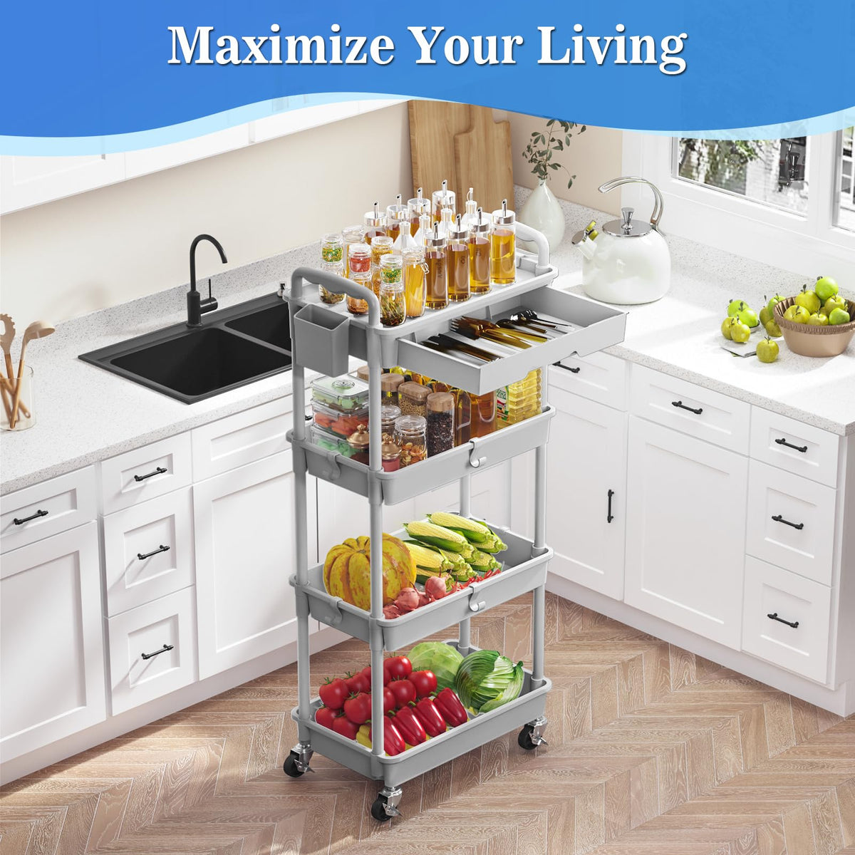 4 Tier Rolling Cart with Drawer