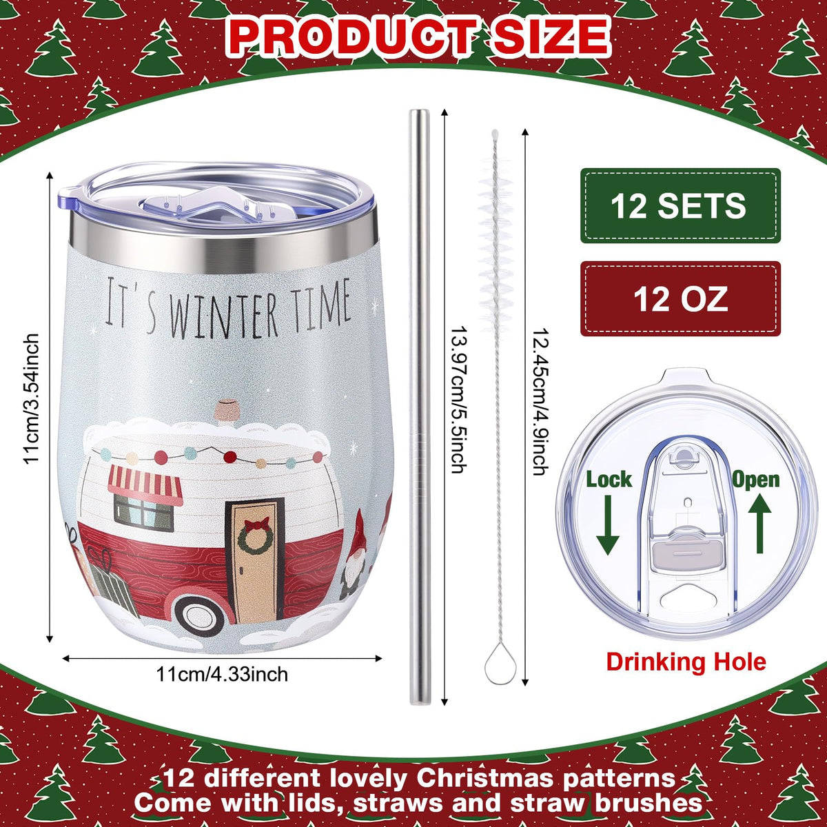 12 Pack Christmas Tumbler Bulk with Lid and Straw Brush (12 Count)