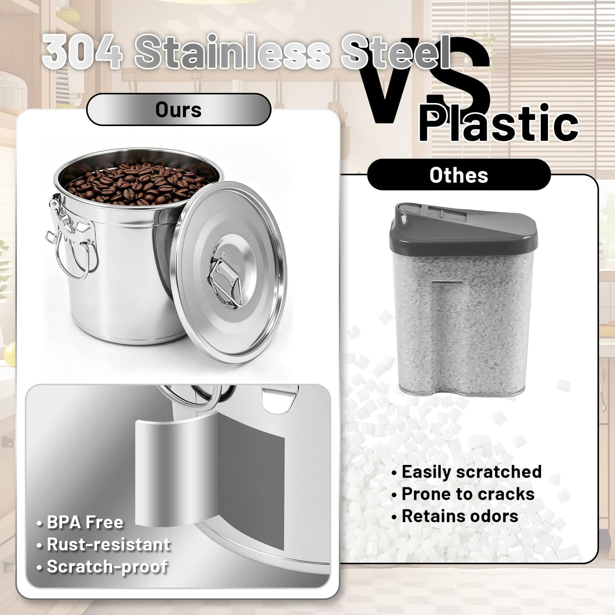304 Stainless Steel Airtight Food Storage Container with Locking Lid & Clips 8.72gal