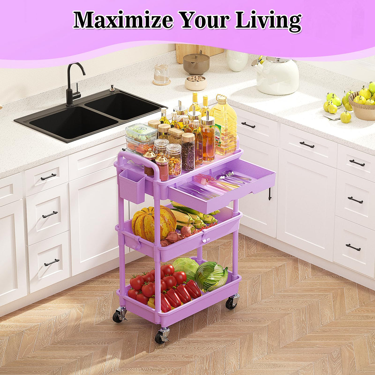 3 Tier Rolling Cart with Drawer