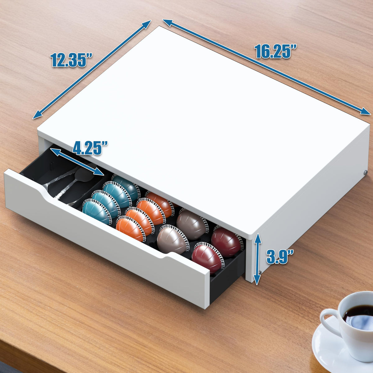 Wood Top Vertuo Pod Holder Drawer with Divider & Side Storage