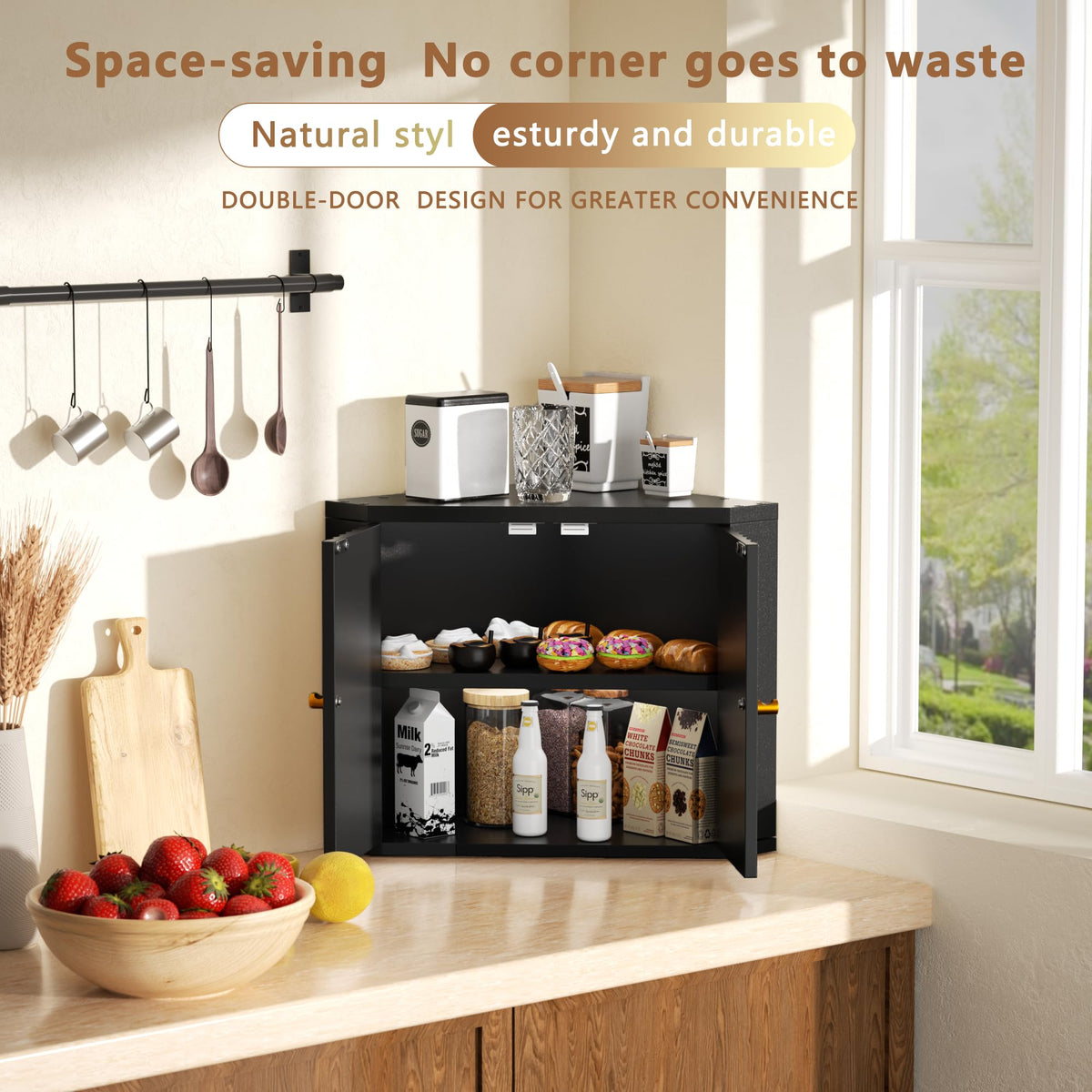 Black Corner bread box for kitchen countertop