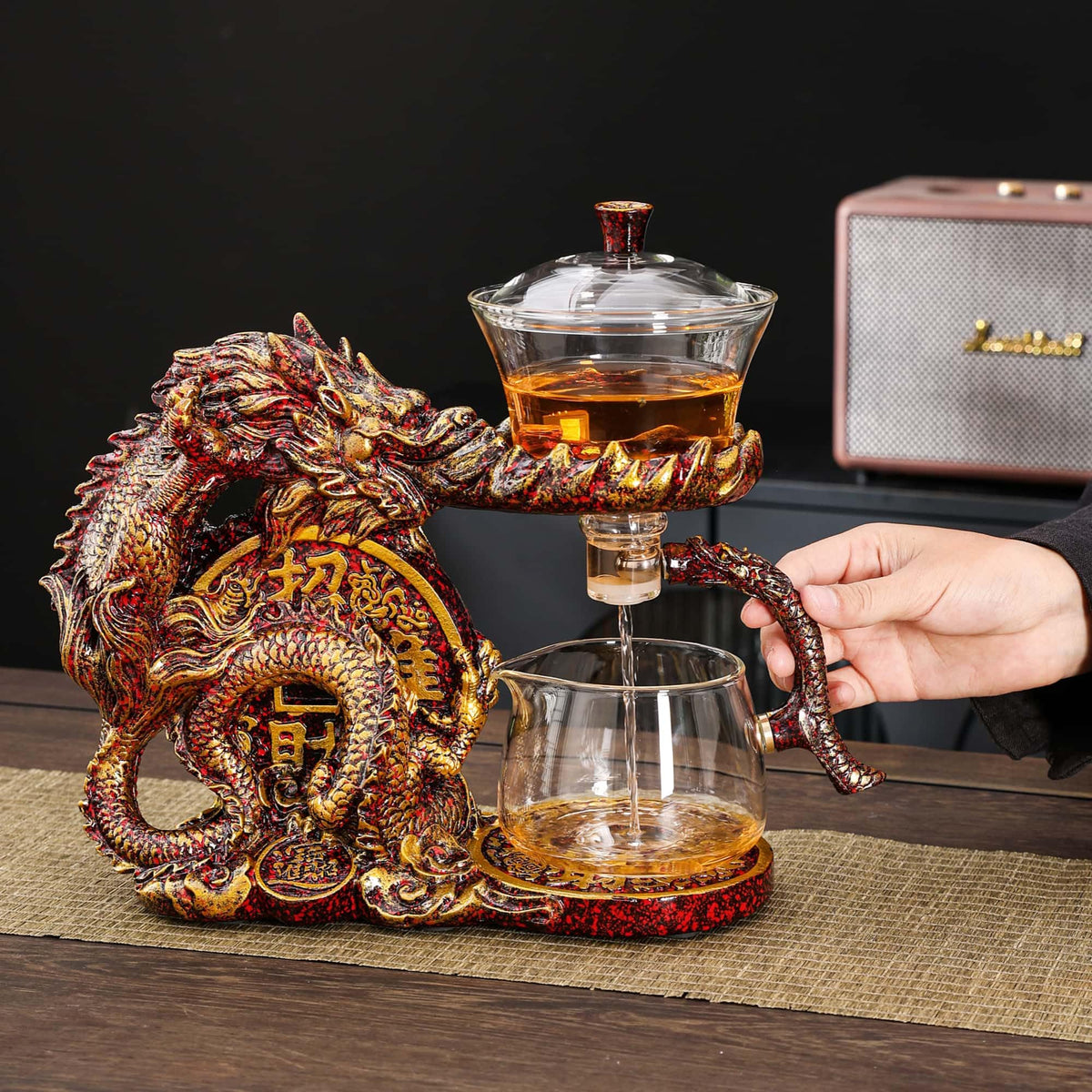 Glass Teapot Set with Infuser Semi Automatic Dragon Tea Set with 6 Small Cups