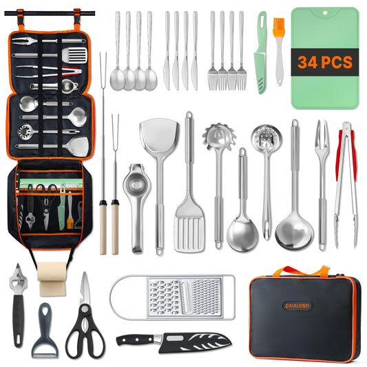 Camping Cooking Utensils Set 34 PCS Camp Kitchen Cookware Kit with Organizer Bag (34 Count)