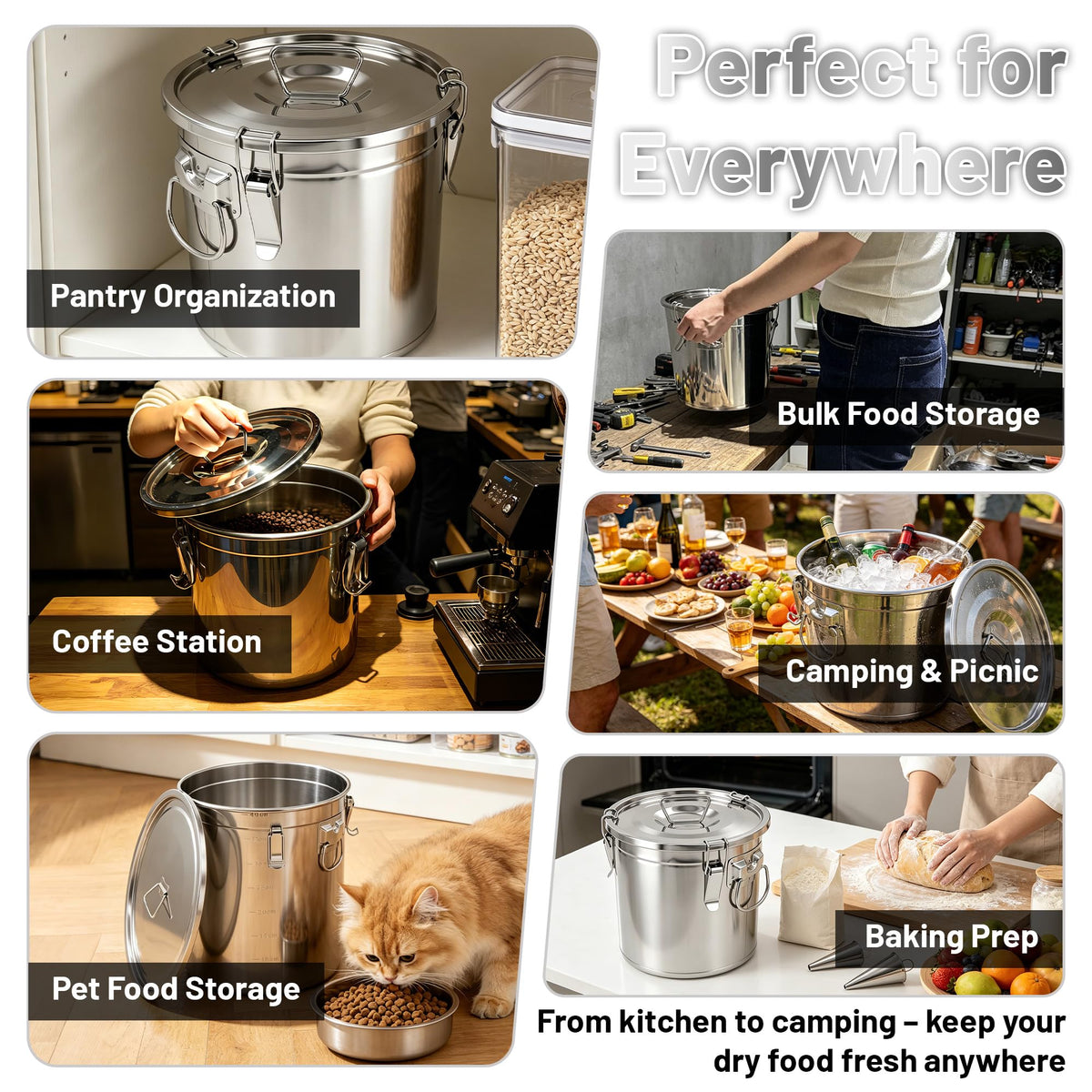 304 Stainless Steel Airtight Food Storage Container with Locking Lid & Clips 8.72gal