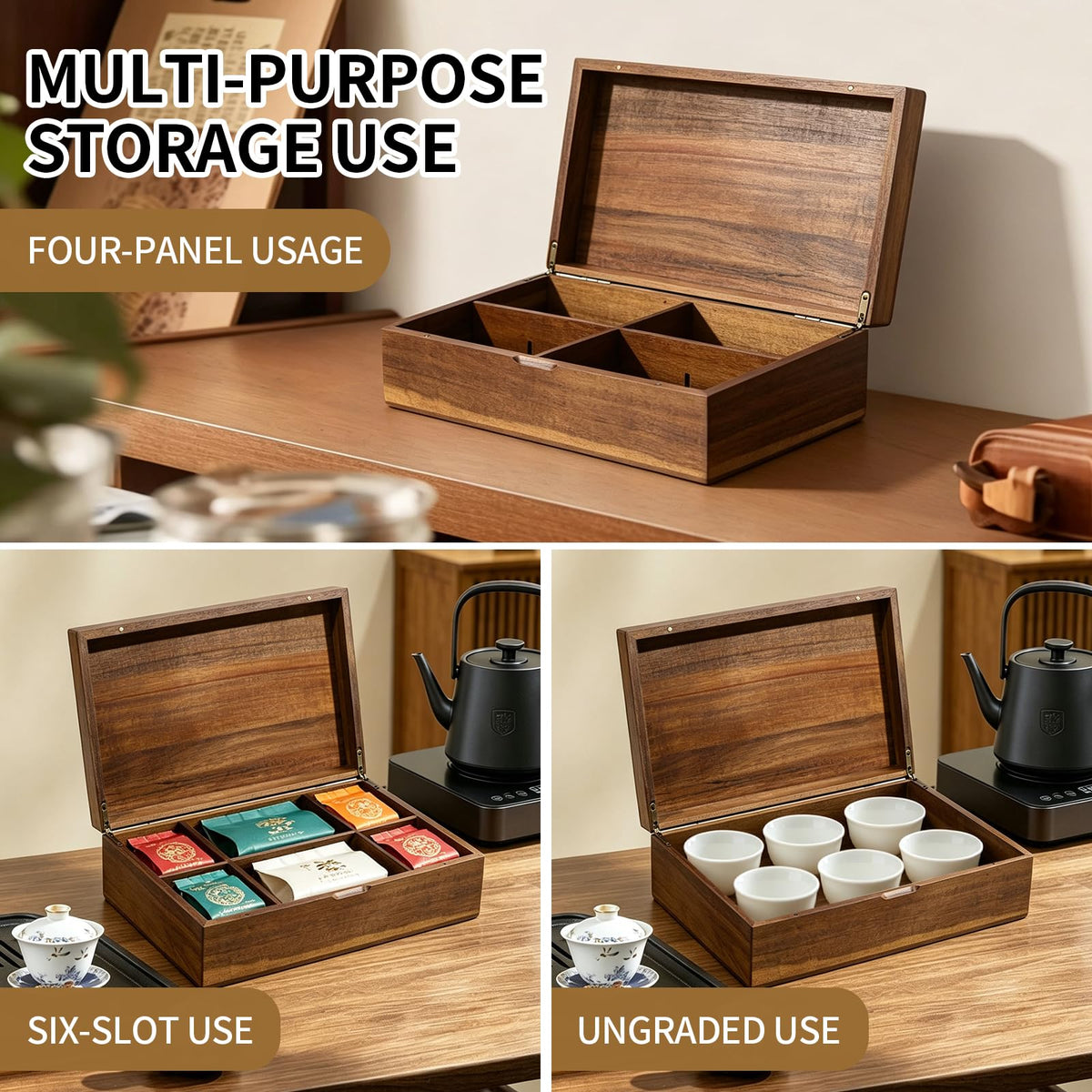 Acacia Wooden Tea Bag Organizer with Magnetic Lid