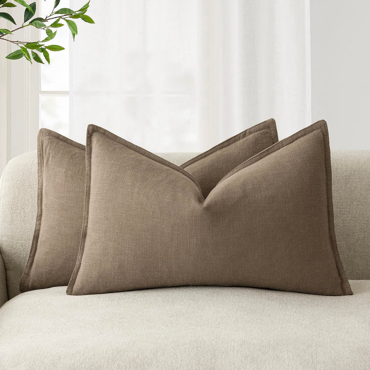 Pack of 2 Decorative Linen Soild Throw Pillow Covers Soft Accent Lumbar Cushion Case Boho Farmhouse Pillowcase for Couch Sofa Bedroom Living Room Home Decor 12 x 20 Inch Light Brown (2 Count)