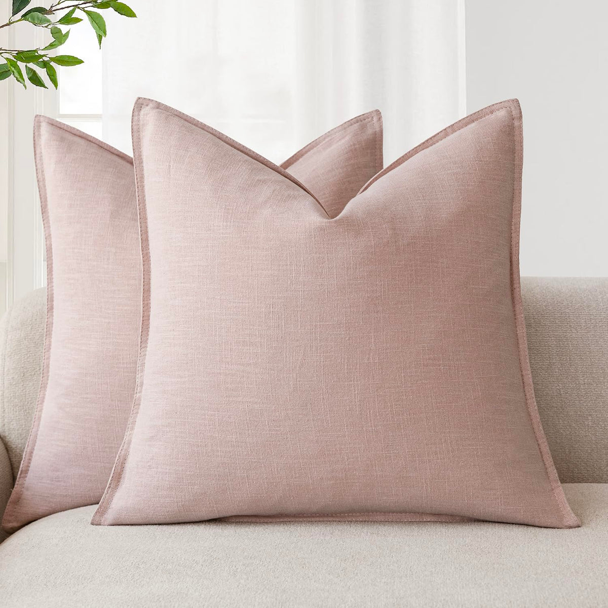 Pack of 2 Decorative Linen Solid Throw Pillow Covers Soft Accent Cushion Case Boho Farmhouse Pillowcase for Bed Chair Couch Sofa Bedroom Living Room Home Decor 22 x 22 Inch Light Pink