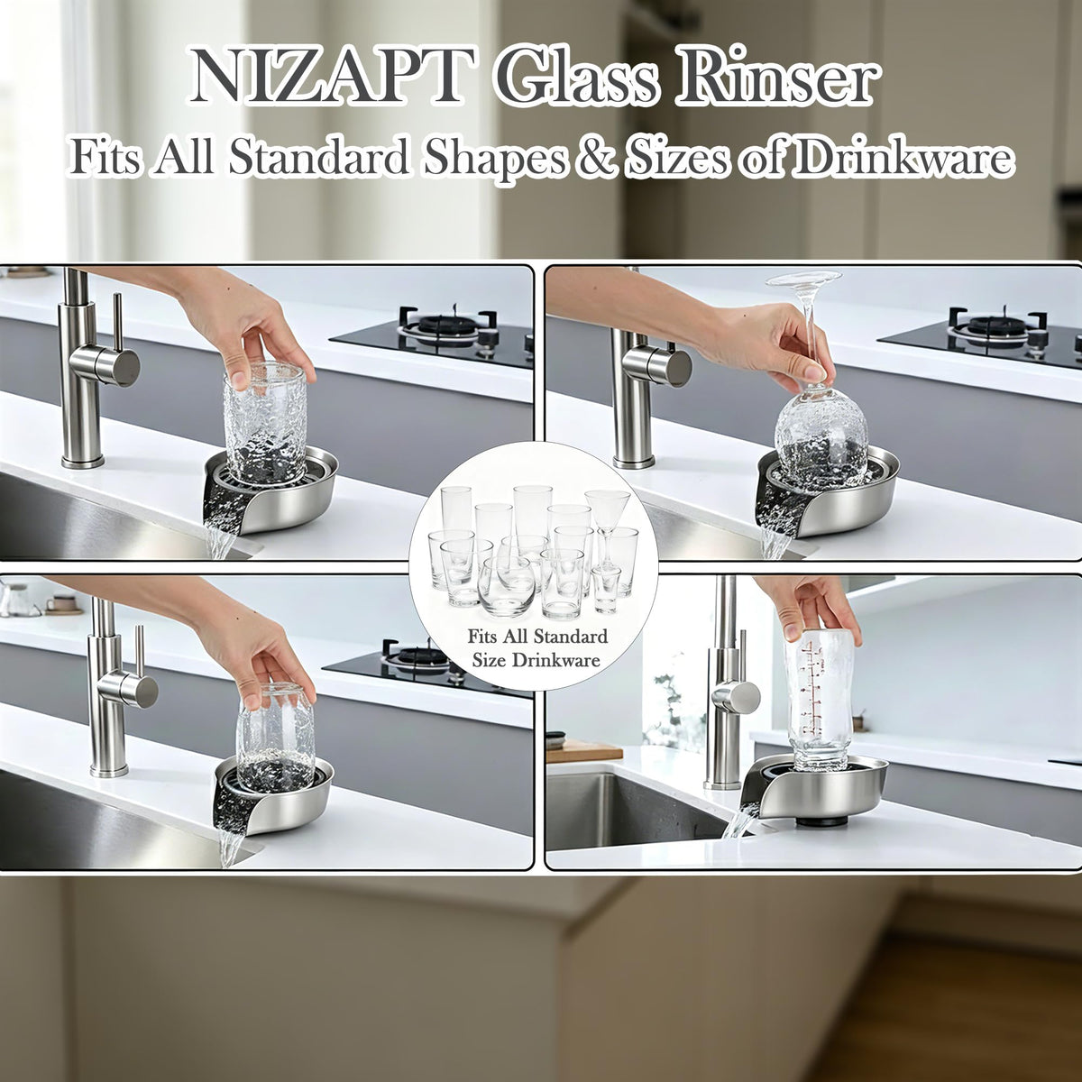Kitchen Sink Glass Rinser 360° Rotating Cup Washer With Pull Out Spray Gun