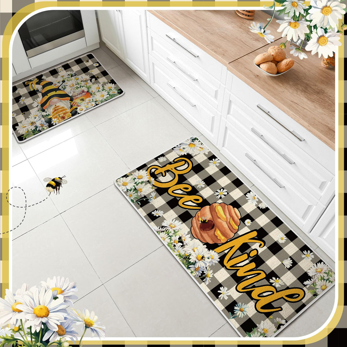 17 Pcs Bee Gnome Kitchen Decor and Accessories Gnome Kitchen Rug and Mat Oven Mitts and Pot Holders Apron Dish Towels Cute Wooden Spoons for Holiday Decoration Home Housewarming Gifts (13 Count)