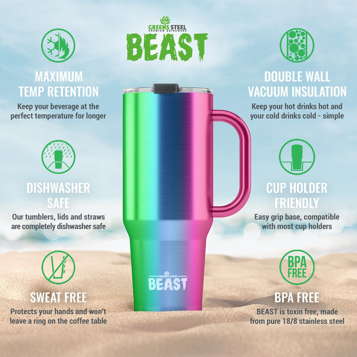 Beast 50 oz Tumbler with Handle Stainless Steel Vacuum Insulated Coffee Ice Cup Double Wall Travel Flask