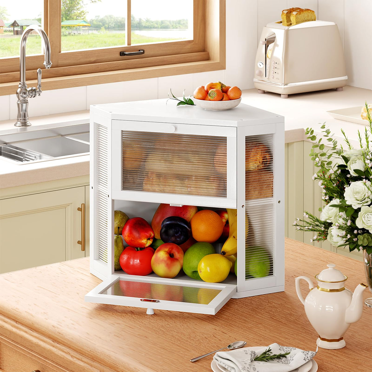 Double Layer Corner Bread Box for Kitchen Countertop with 2 Doors