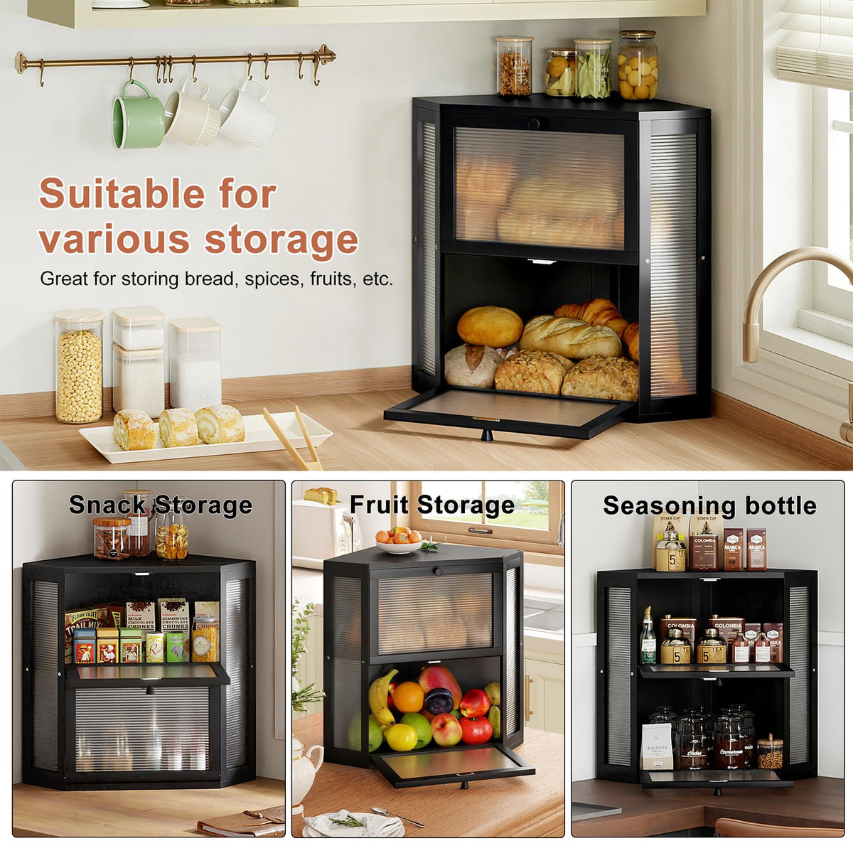 Double Layer Corner Bread Box for Kitchen Countertop with 2 Doors