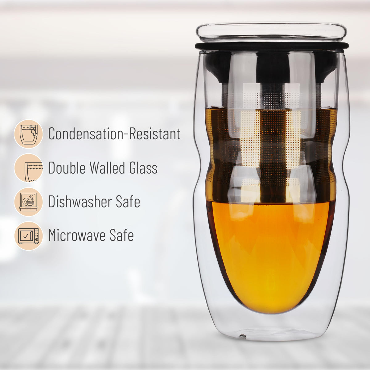 BTaT Double Wall Glass Tea Cup With Stainless Steel Infuser and Lid (2 Count)