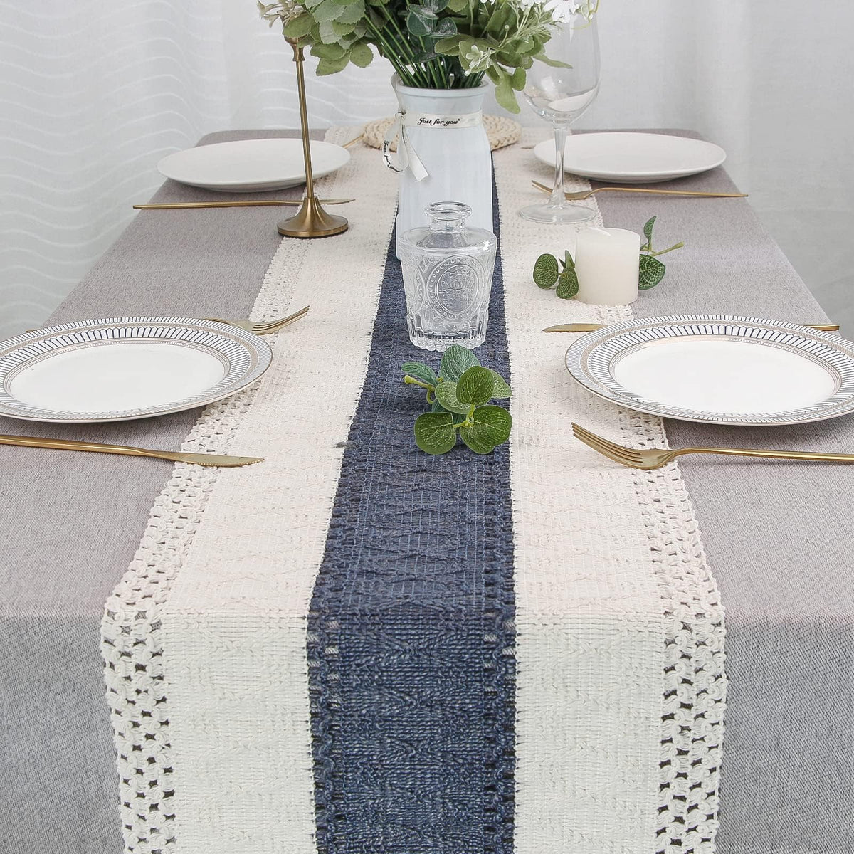 Boho Table Runner for Home Decor 12x48 Blue Fall Rustic Decorations (4 Foot)