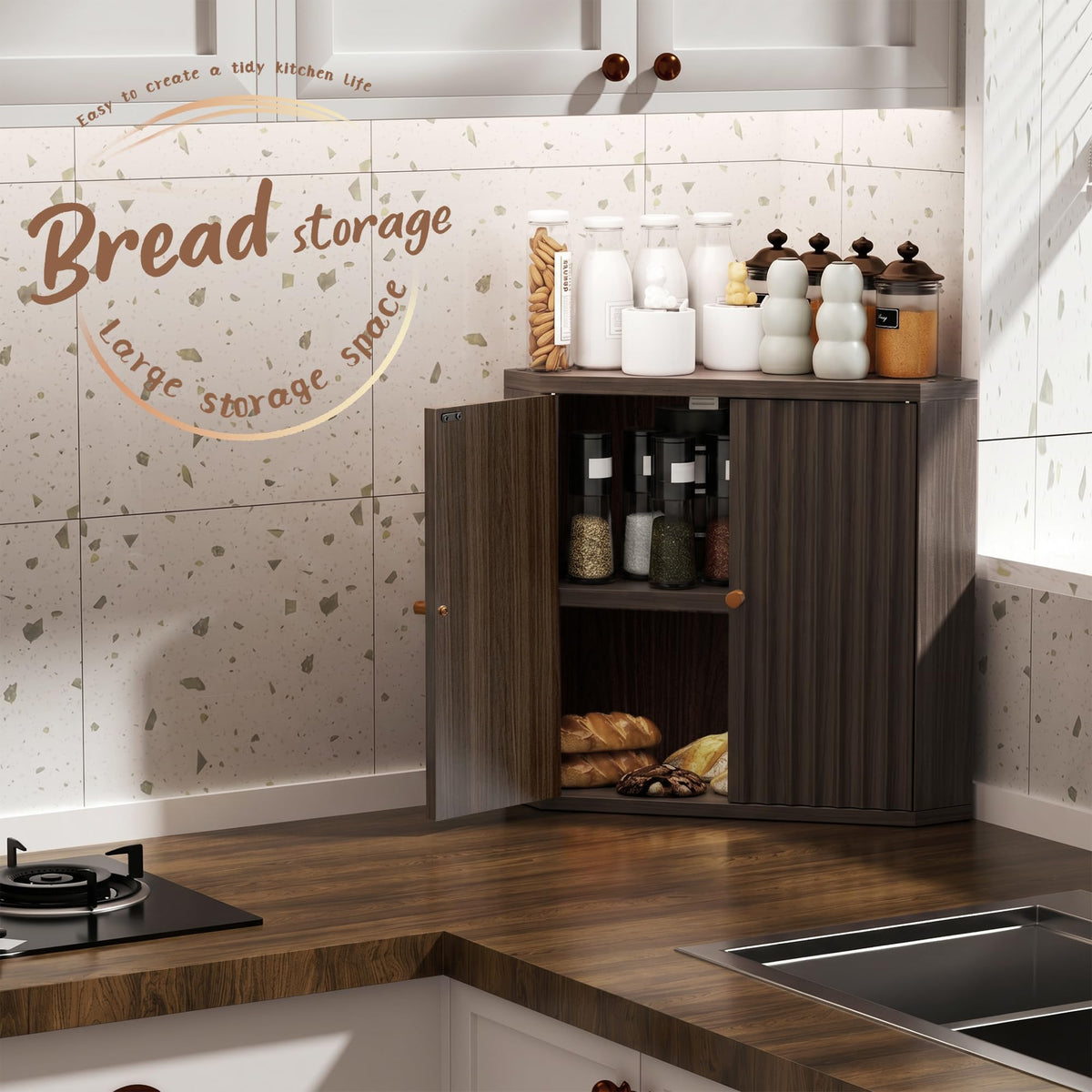 Bark Brown Corner bread box for kitchen countertop