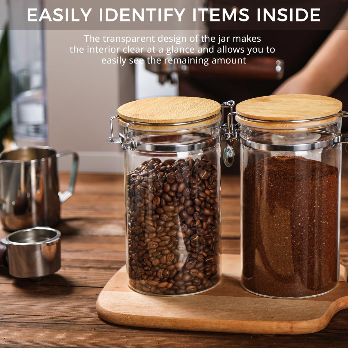 2 Pack 40.5oz Coffee Bean Storage Container with Airtight Bamboo Lids Glass Airtight Coffee Canister with Scoop Storage Container for Grounds Tea Cereal Sugar (2 Count)