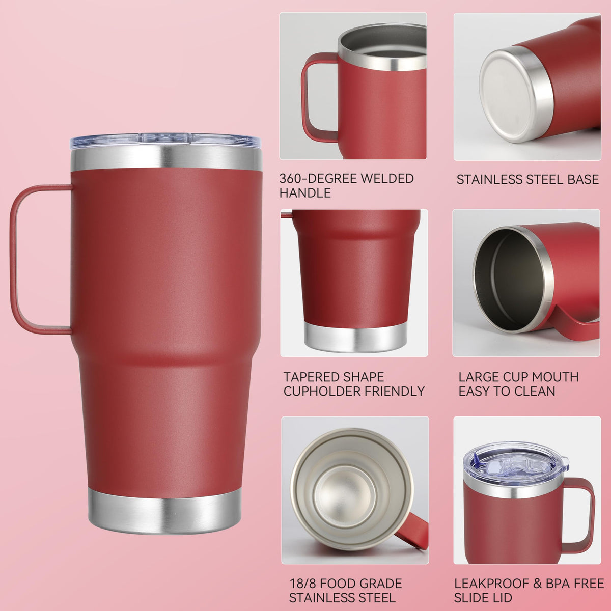 20 oz Stainless Steel Tumbler with Handle Bulk Metal Insulated Tumblers Travel Coffee Mug with Handle Double Wall Tumbler Cup with Lid and Straw (6 Count)