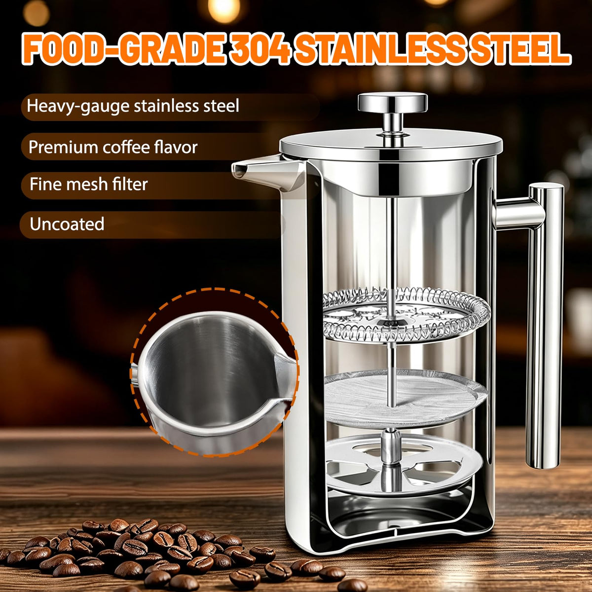 304 Thickened Stainless Steel 1000ml French Press 33.81oz Moka Pot