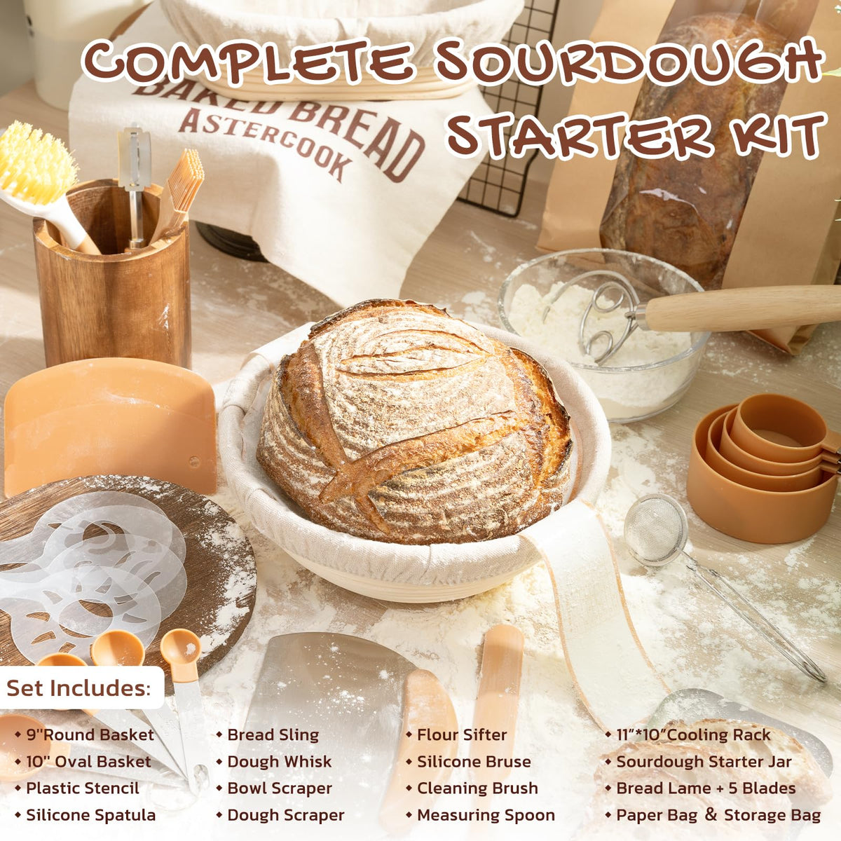 Sourdough Starter Kit with Round & Oval Banneton Bread Proofing Basket