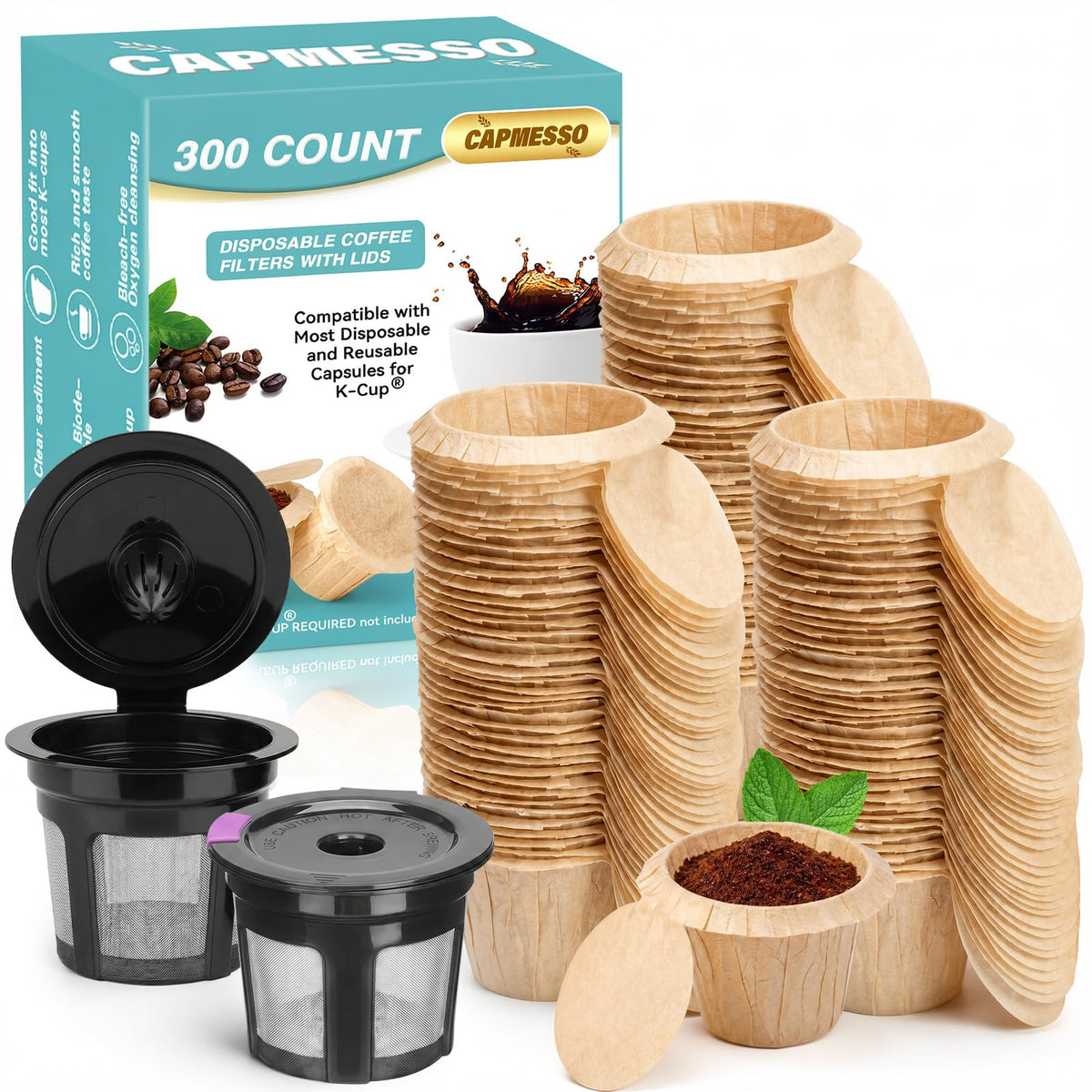 2 Reusable Keurg Cups & 300 Unbleached Keurg Coffee Pods Paper Filters with Lids (300 Count)