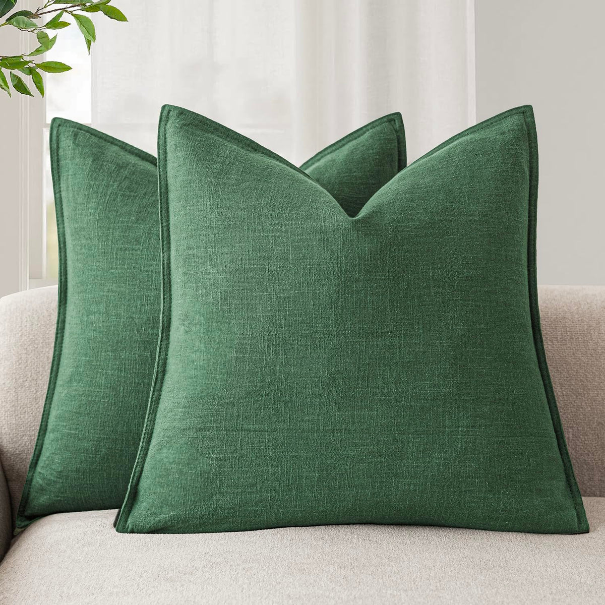 Set of 2 Decorative Linen Solid Throw Pillow Covers Soft Accent Euro Cushion Case Farmhouse Neutral Pillowcase for Chair Couch Sofa Bedroom Living Room Home Decor 24 x 24 Inch Pine Green