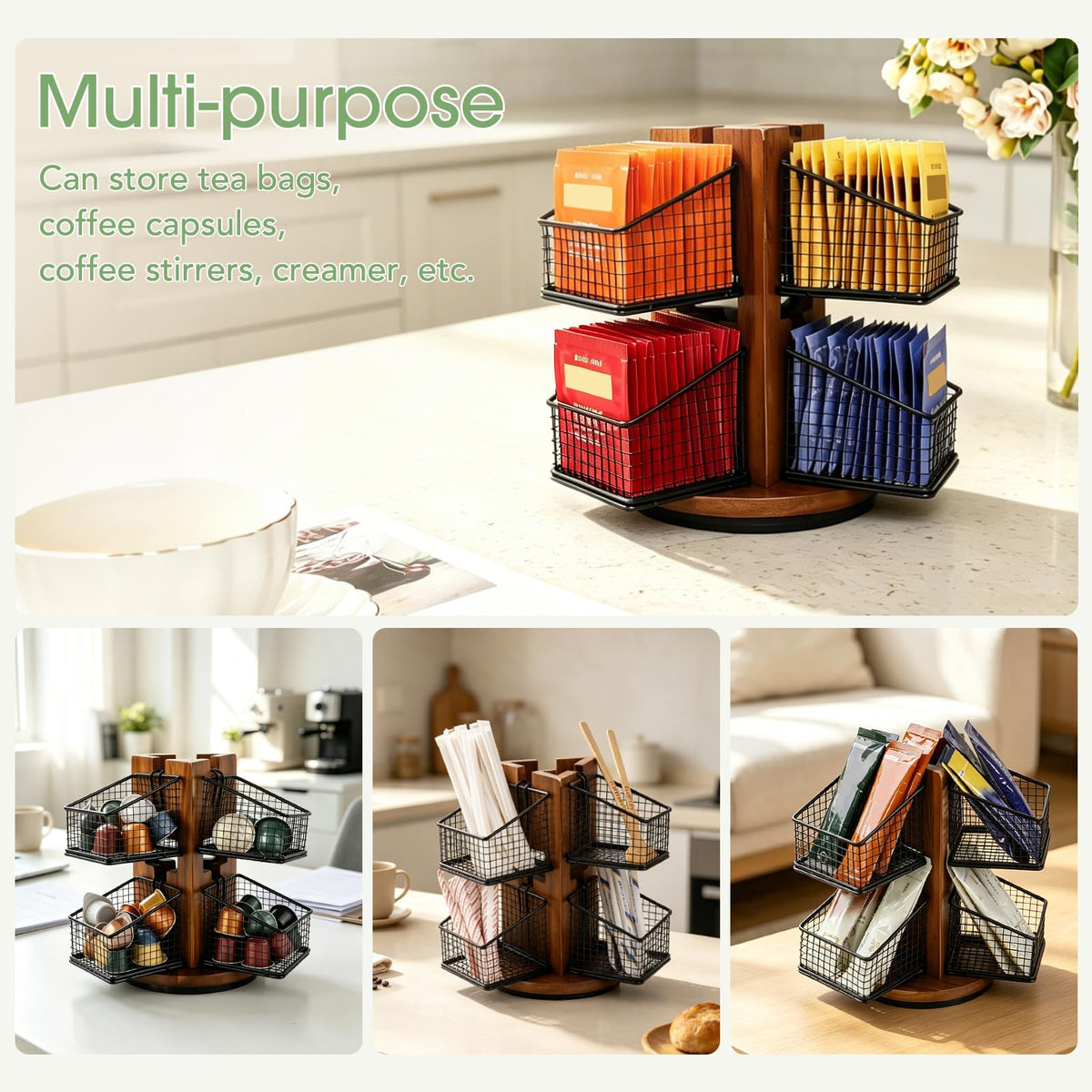 Carousel Tea Bag Organizer for Counter with 6 Removable Tea Baskets