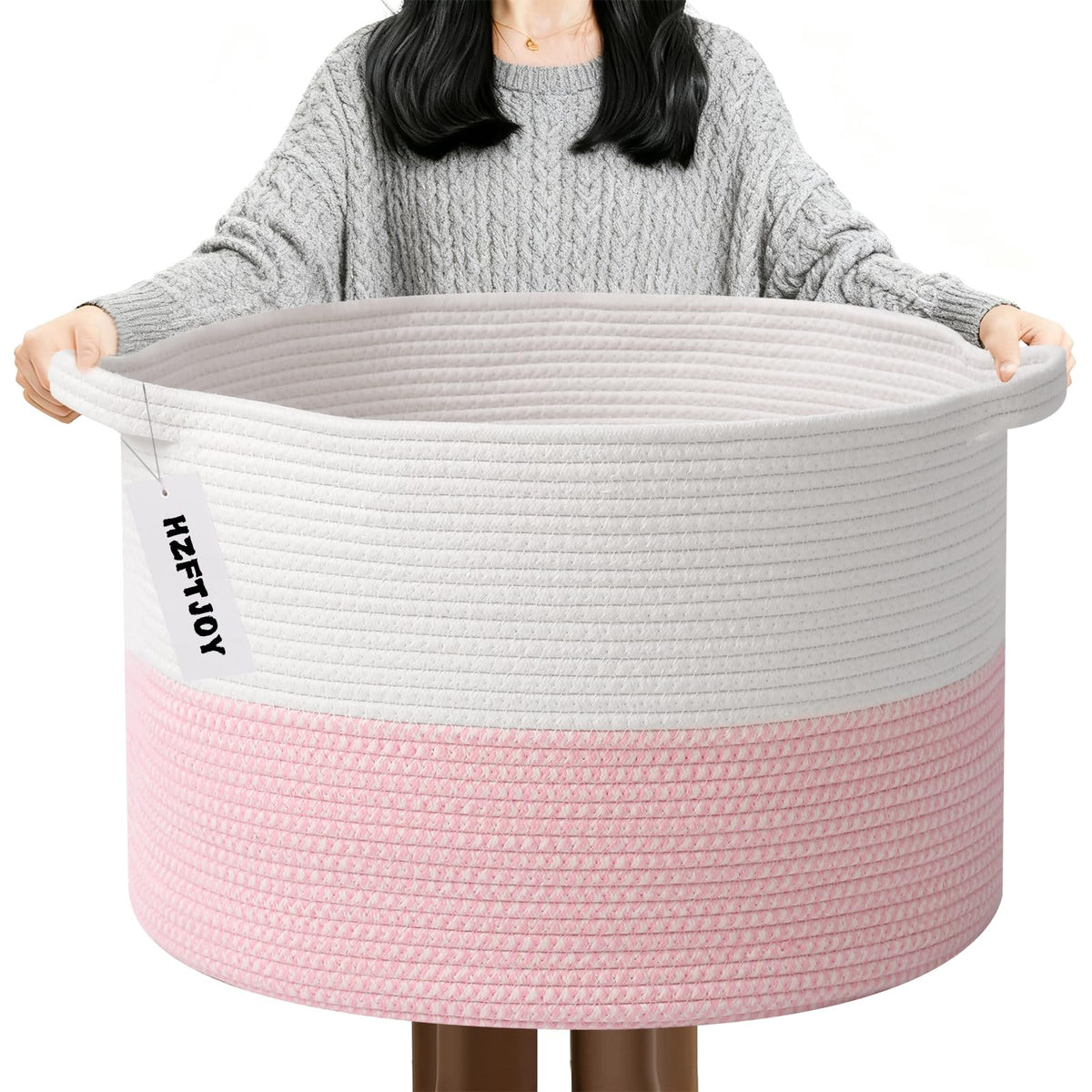 90L Extra Large Pink Woven Cotton Rope Basket with Handles
