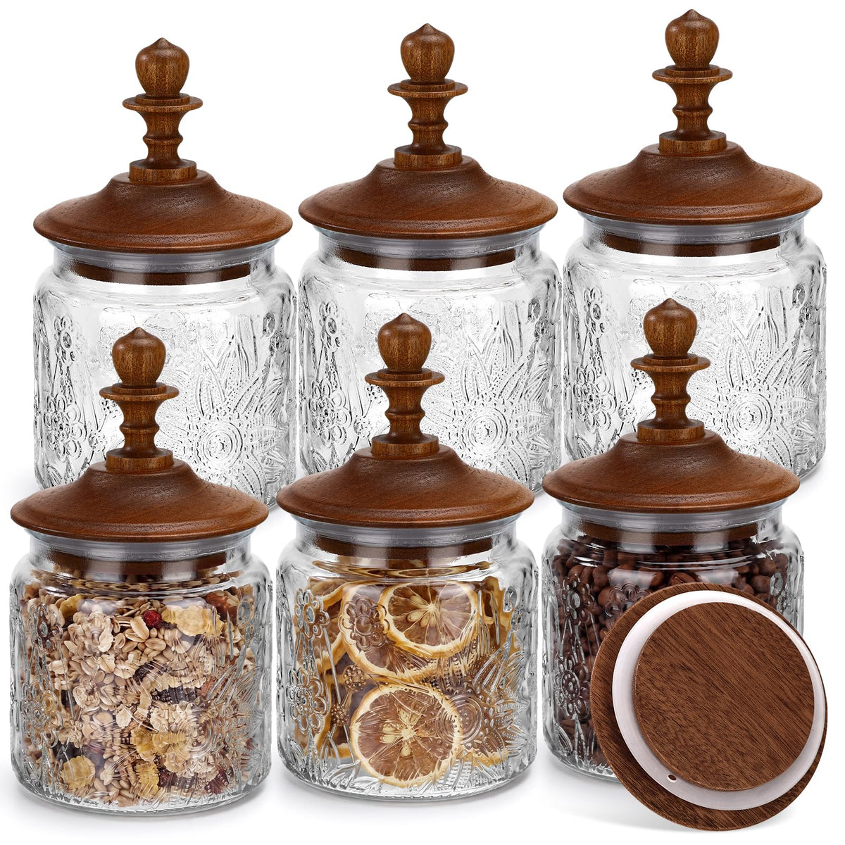 6 Pack 17 oz Glass Spice Jars with Dark Wood Lids Vintage Canisters with Garden Pattern Airtight Food Storage Container for Home Kitchen Tea Coffee Spice Pantry Organization Decorations (6 Count)