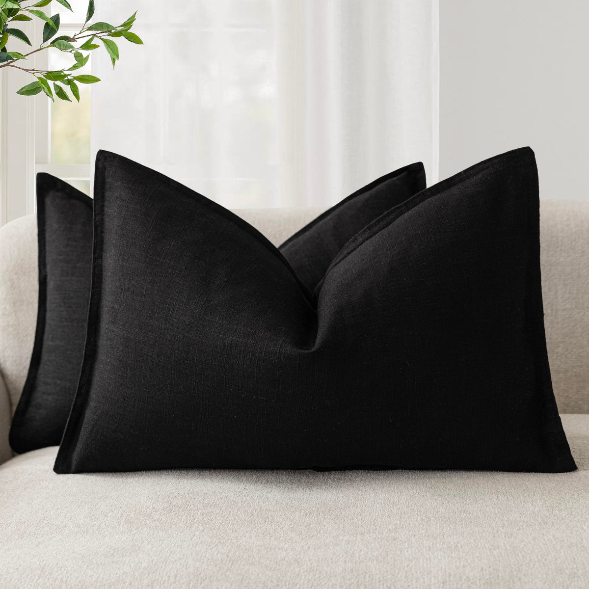 Pack of 2 Decorative Linen Solid Throw Pillow Covers Soft Accent Lumbar Cushion Case Boho Farmhouse Pillowcase for Chair Couch Sofa Bedroom Living Room Home Decor 12 x 20 Inch Black (2 Count)