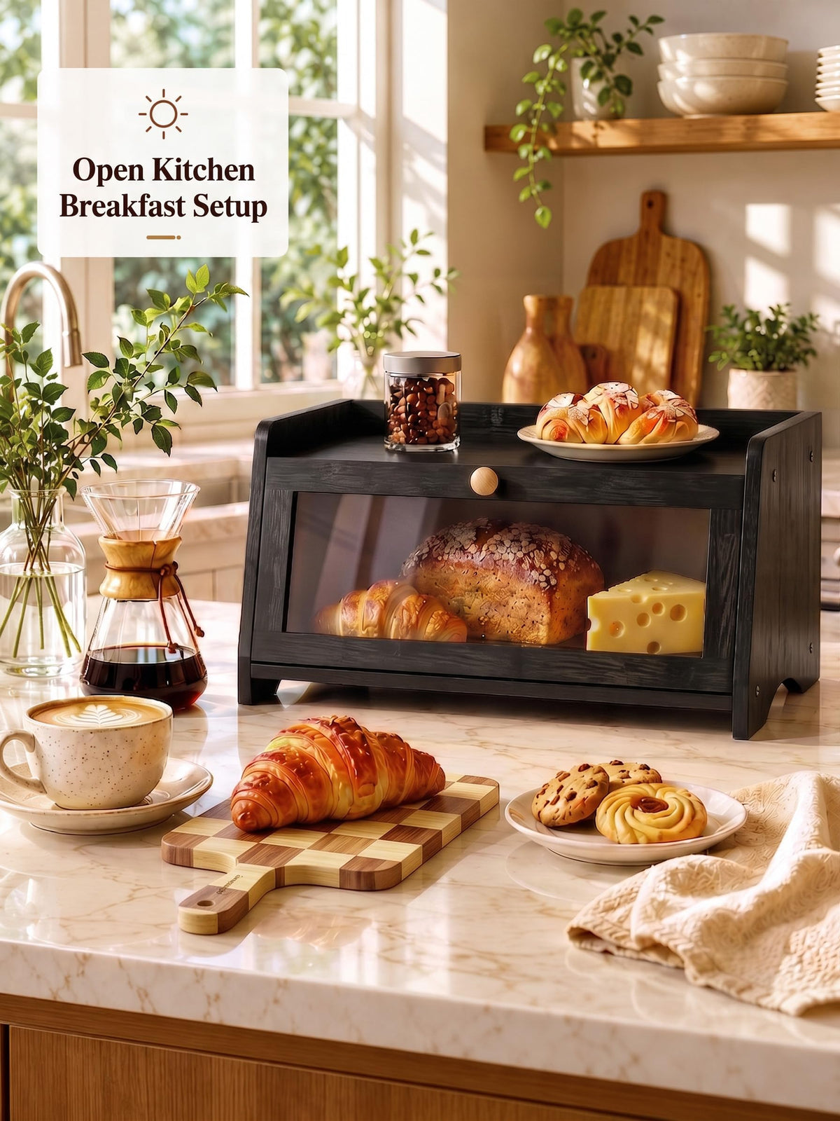 Black Bread Box for Kitchen Countertop
