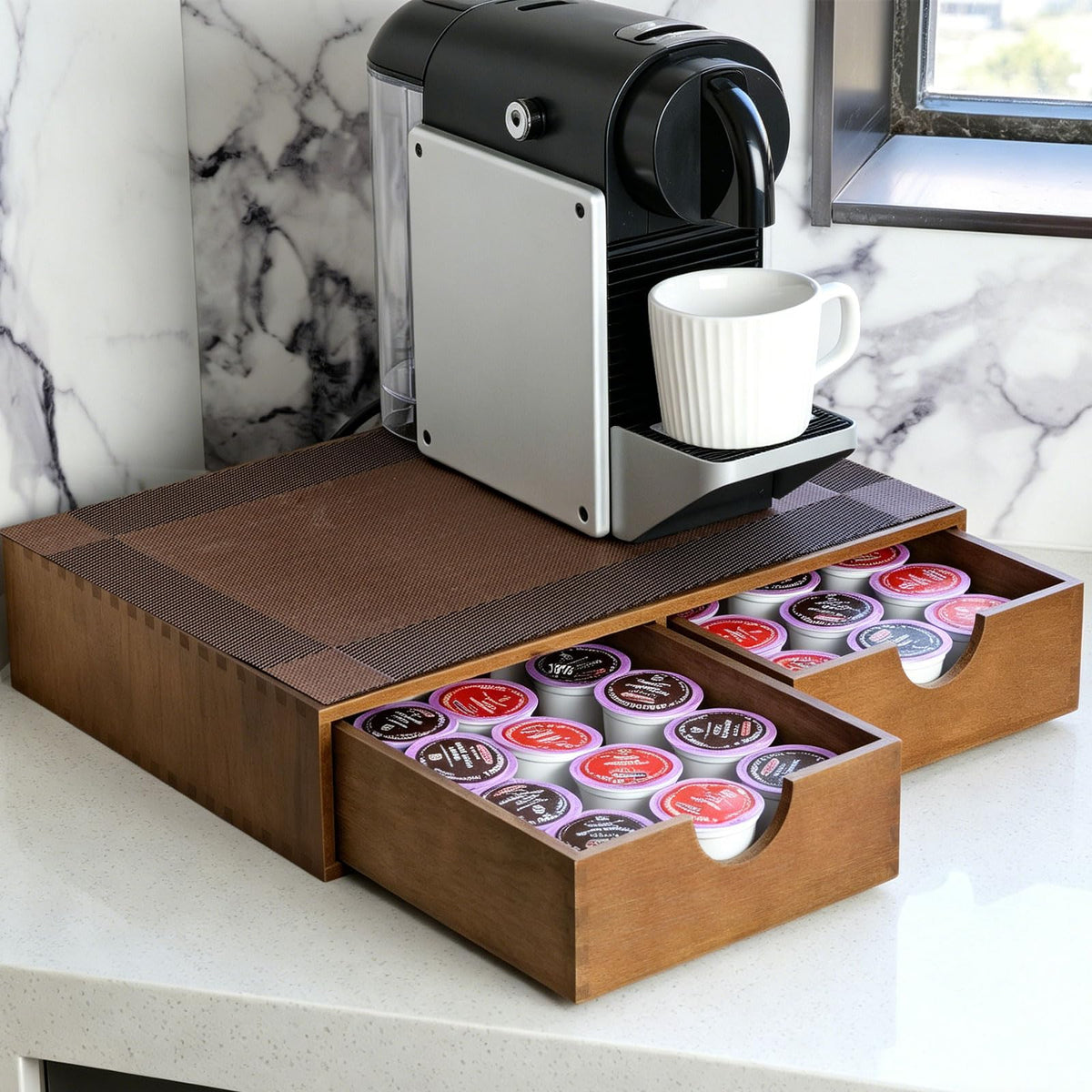 Wooden K Cup Organizer with Drawer & Mat