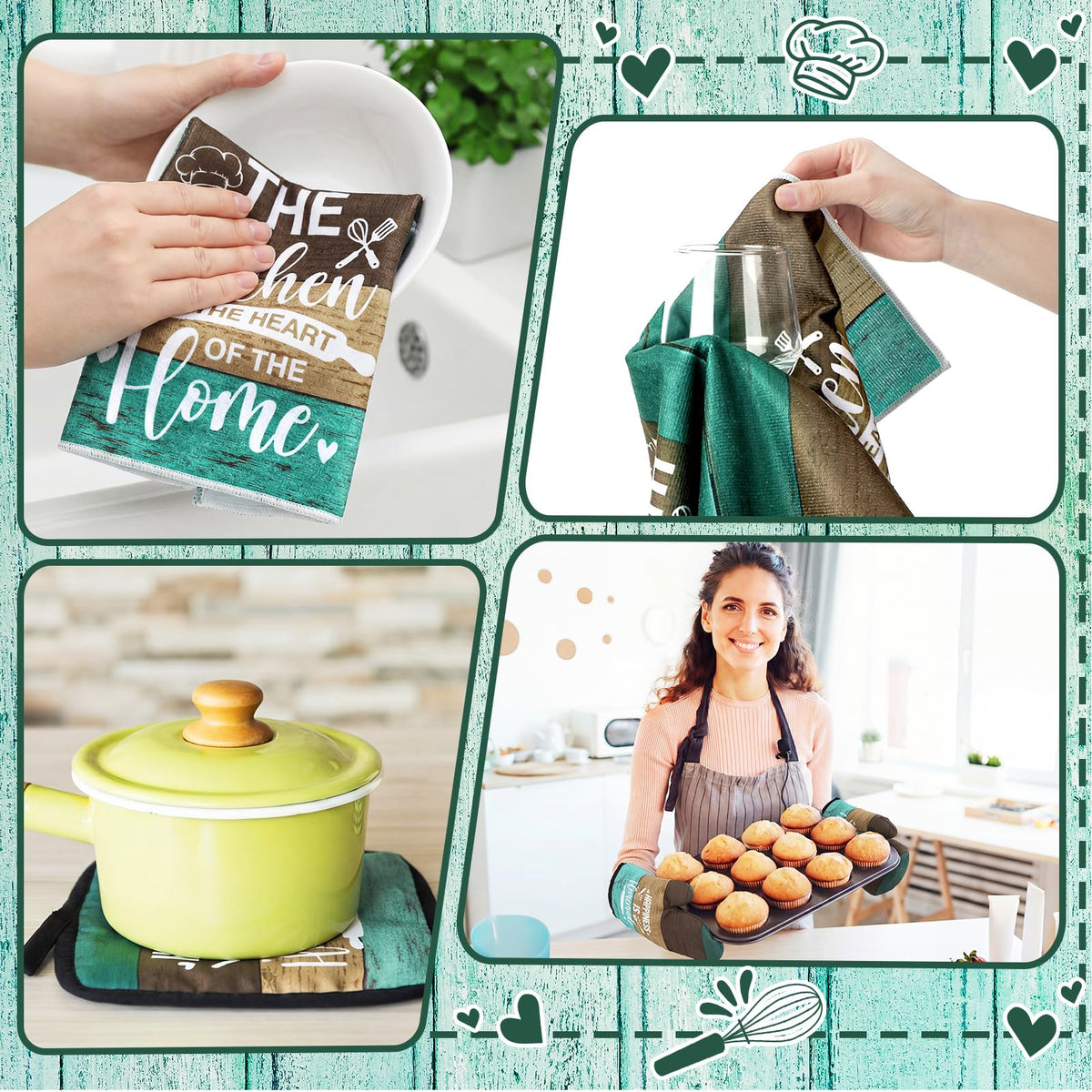 17 Pcs Green and Brown Kitchen Sets Non (17 Count)