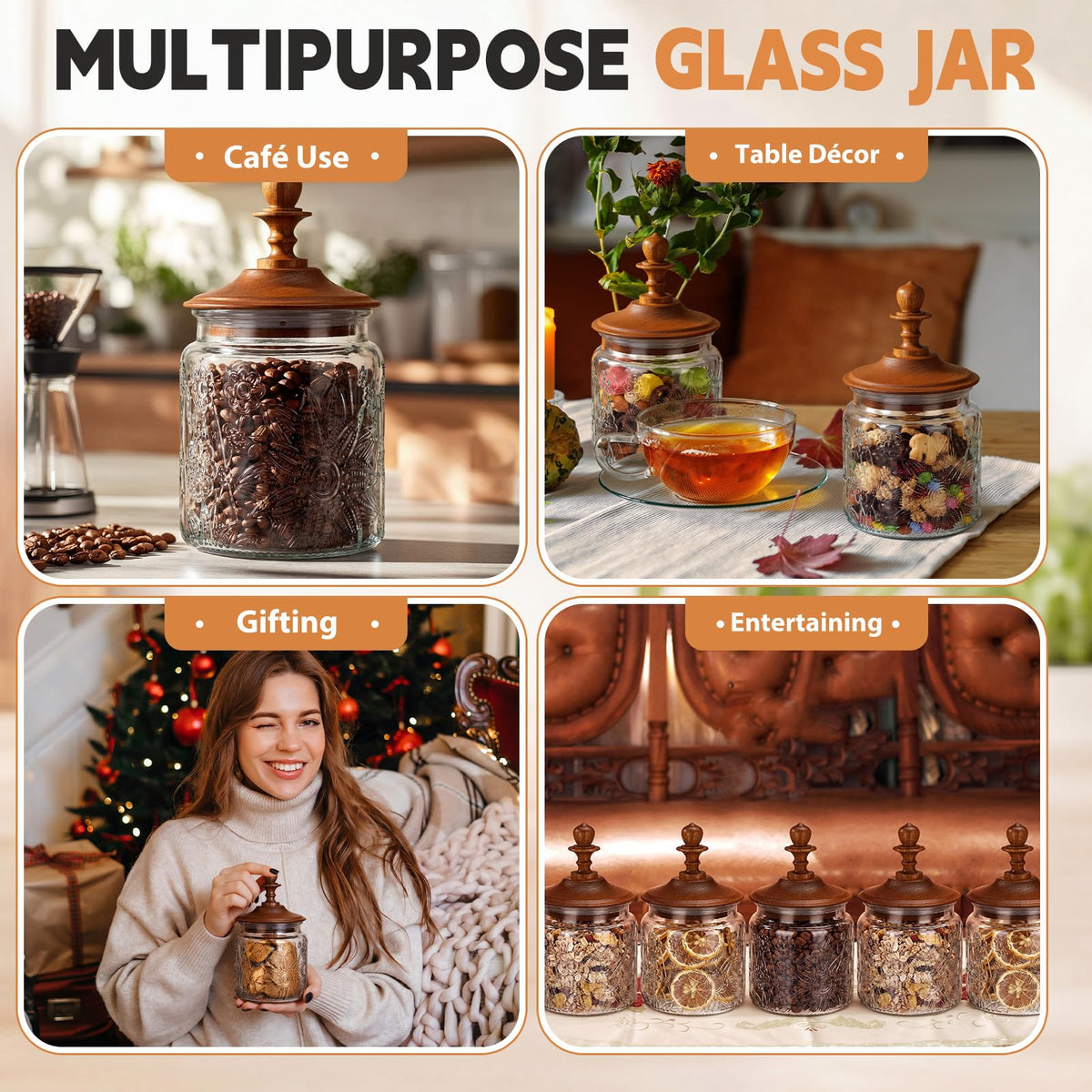 6 Pack 17 oz Glass Spice Jars with Dark Wood Lids Vintage Canisters with Garden Pattern Airtight Food Storage Container for Home Kitchen Tea Coffee Spice Pantry Organization Decorations (6 Count)