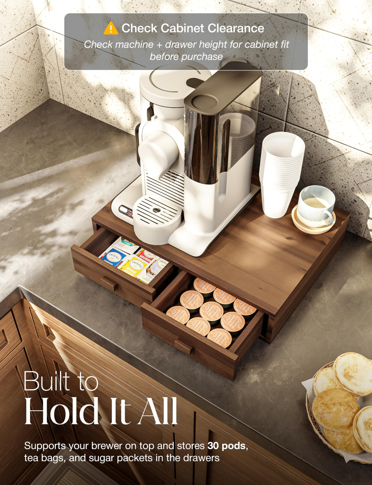Acacia Wood Coffee Pod Storage Drawer for K