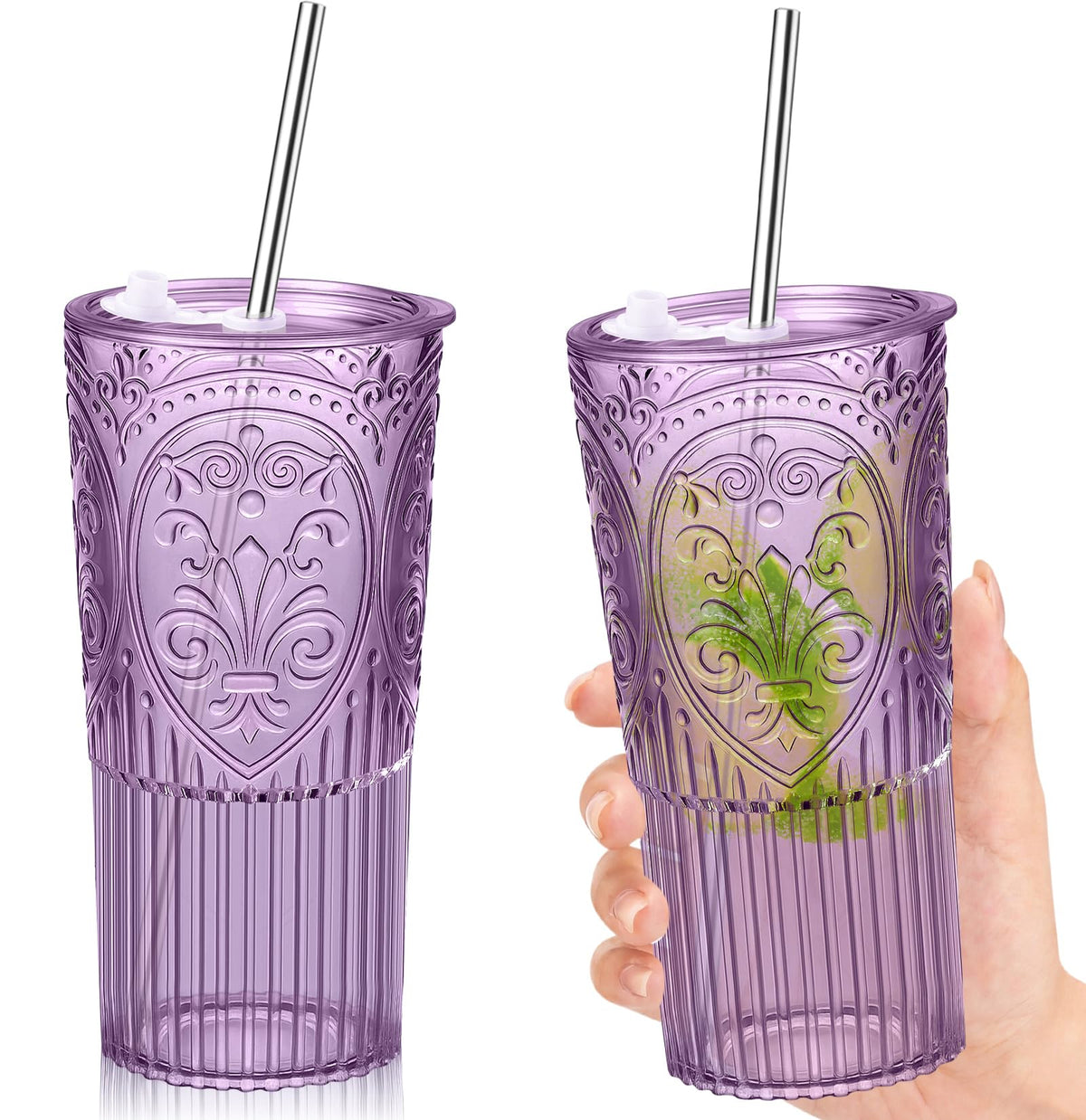 2 Set 20oz Vintage Plastic Tumbler with Lids and Straws Ribbed Floral Drinking Glasses Reusable Iced Coffee Cups for Water Juice Smoothie Cocktail Travel Party Events Gift (2 Count)