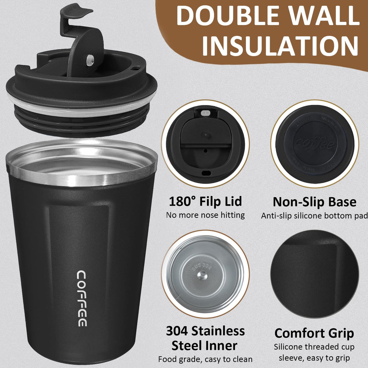 4 Pack Travel Coffee Mug 12oz Insulated Coffee Cup with Lid (4 Count)