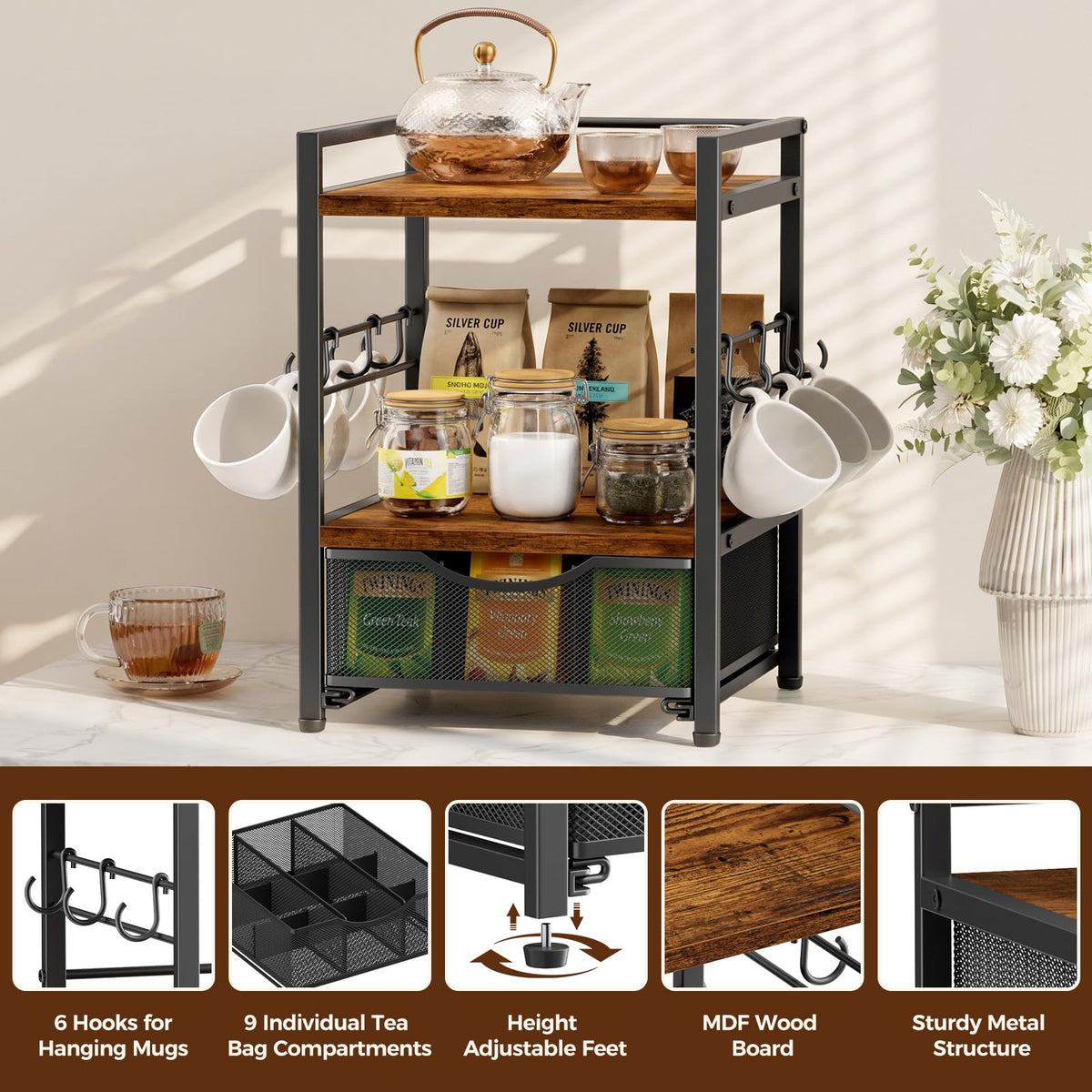 3 Tier Tea Bag Organizer with Drawer for Countertop