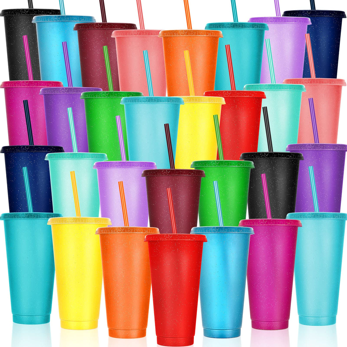 30 Pack Tumbler with Straw and Lid Bulk Glitter Plastic Cups Water Bottle Iced Coffee Travel Mug Reusable Party Favor Cups for Birthdays travel 24 (30 Count)