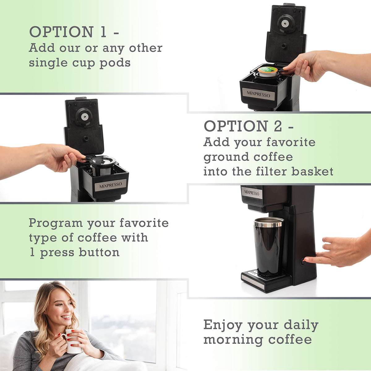 Coffee Maker Single Serve For Ground Coffee & Compatible With K Cup Pods
