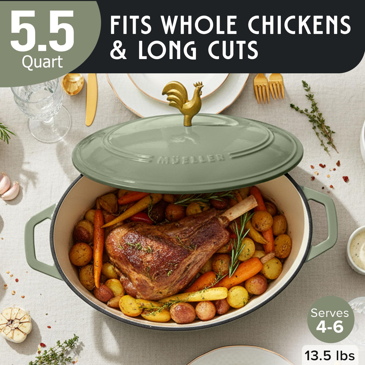 5.5 Quart Enameled Cast Iron Oval Dutch Oven w Rooster Knob & Cotton Potholders
